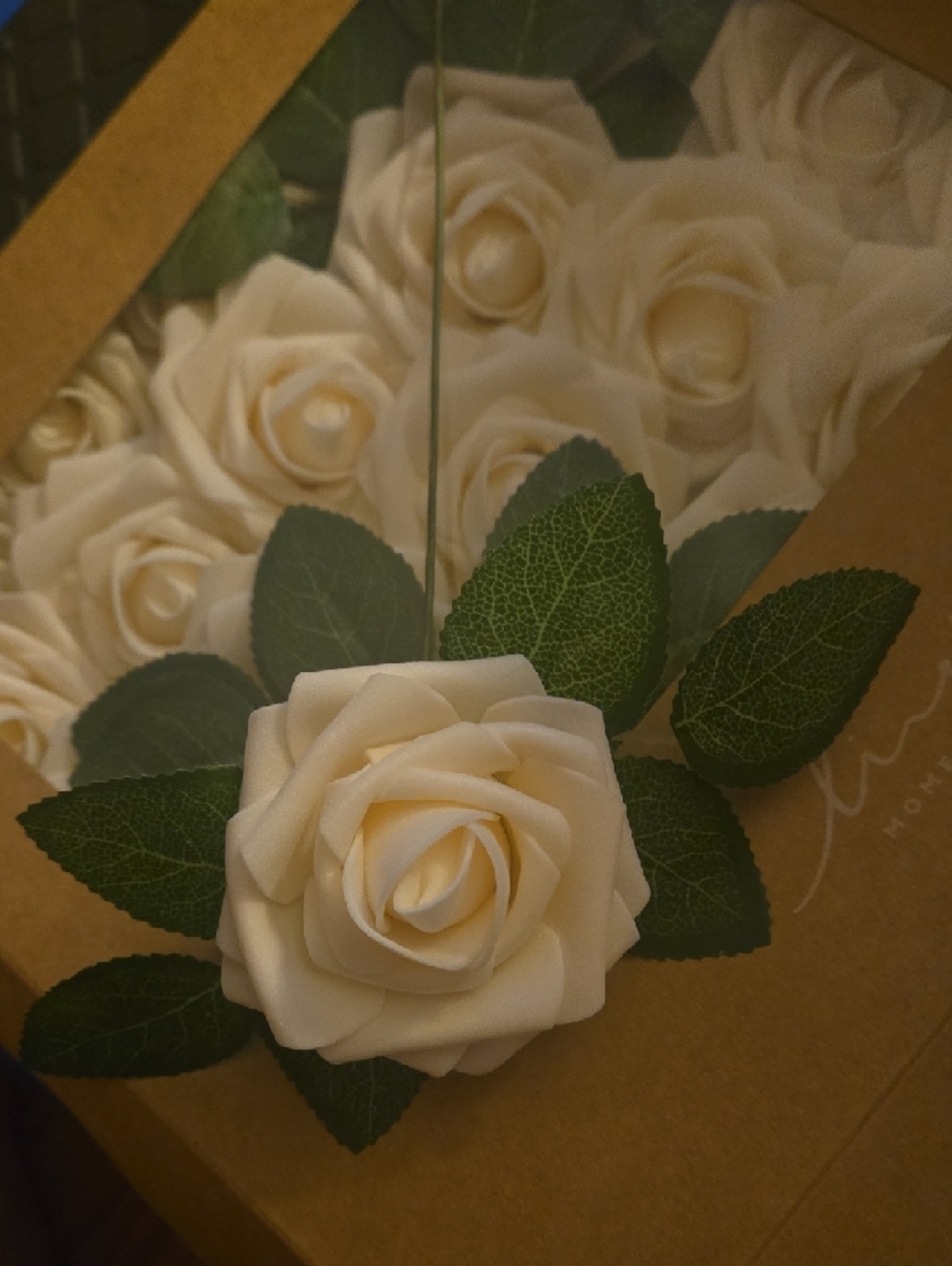 Cream Foam Rose Bouquet with Green Leaves - Picture 3 of 4